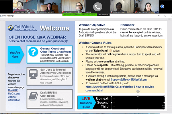 Screen view of online San Jose to Merced project section webinar