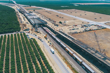 aerial view of construction at the Wasco viaduct with fields on the sides