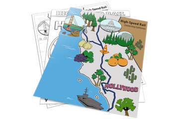 Activity sheets showing landmarks on a map of California for coloring