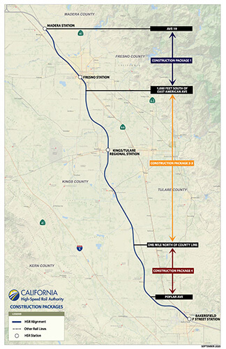 map of California Central Valley highlighting locations of high-speed rail construction packages