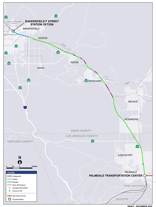 This is a map of  the Bakersfield to Palmdale section alignment  showing which parts are at grade, in a tunnel or elevated