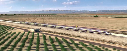 rendering of high-speed rail train on tracks in a valley