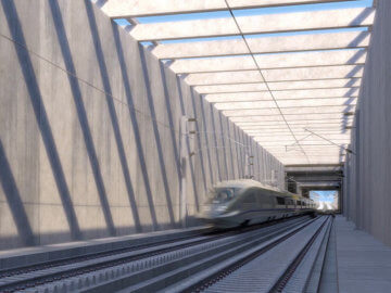 Rendering of high-speed rail train going through a trench 