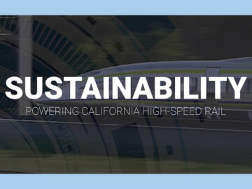 Sustainability, Powering California High-Speed Rail, rendering of high-speed train in background  