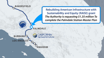 Map showing the city of Palmdale route to Burbank with Palmdale city logo and Authority logo, text about the RAISE Grant funds