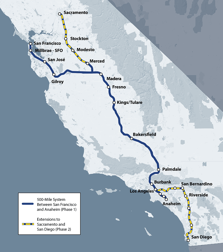 map of high-speed rail alignment showing Phase 1 and Phase 2