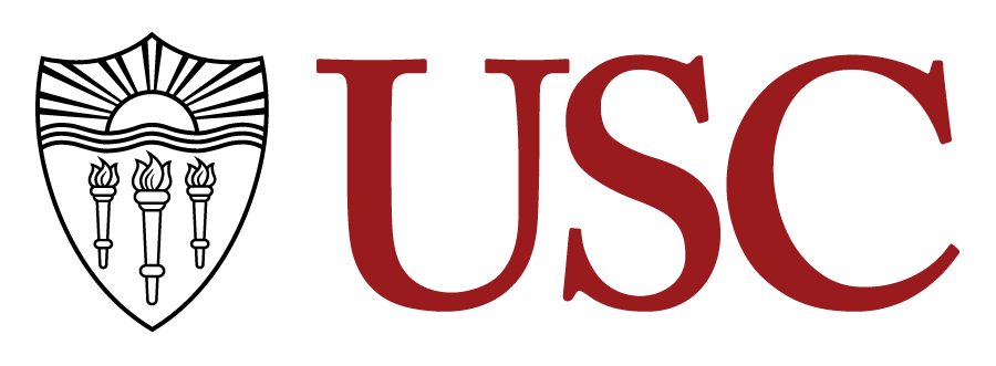 USC School Logo, Burgundy USC letters with logo that has three torches below a sunrise 