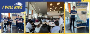 Graphic with three photos on it. One photo has a high-school student holding a sign that reads I Will Ride in front of California high-speed rail alignment map. The center photo is someone standing up with a microphone at a table asking a question. The person is surrounded by many others in a large cafeteria space. Last photo is a group of 7 students holding I Will Ride signs and smiling in front of a California high-speed rail alignment map. 