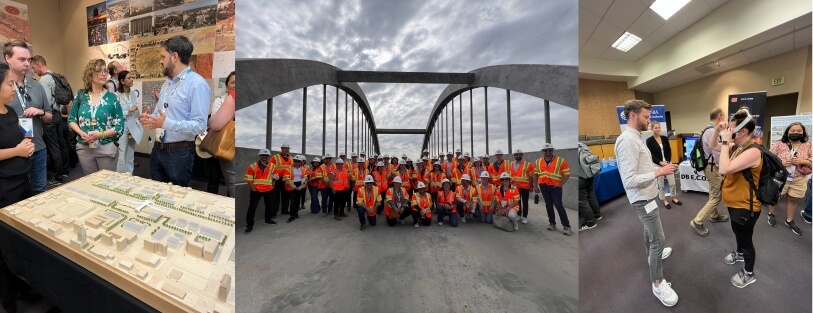 Three photos that make a graphic. First photo are people standing over a 3D printed model of Fresno with the future California high-speed rail station. Second photo is a large group of about 50 people or so in construction vests and hard hats standing on a high-speed rail structure with arches above them. The third photo is a woman putting on virtual reality glasses. 