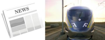 Graphic with a high-speed rail train traveling in the sunset next to an empty newspaper front page graphic. 