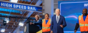 High-speed rail sign above President Biden speaking at a podium. Photo of President Biden standing next to two people in construction vests. 