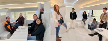 Two images of students in a white mockup train car. Students in one image sit on mock-up seating space while students in the other photo stand and sit around a child activity train car. 